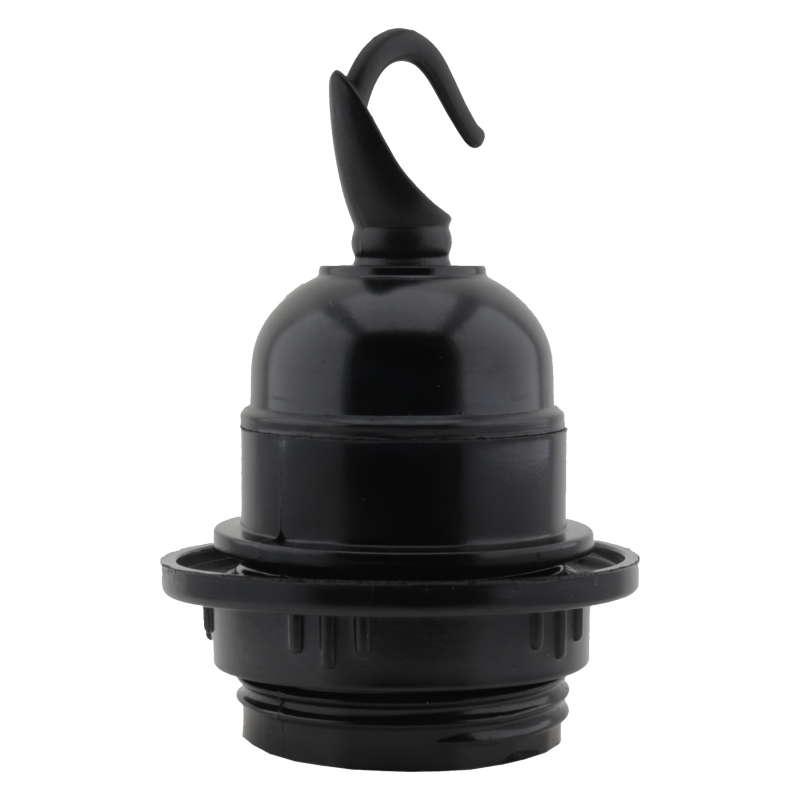 Lampholder E27 Black Bakelite with Shade Ring and Metal Hook