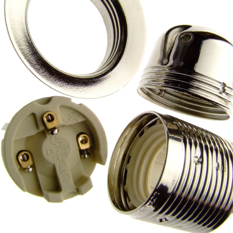 Lampholder E27 Silver Nickel Finish with Shade Ring and 10mm Threaded Entry Lampholder E27 Silver Nickel Finish with Shade Ring and 10mm Threaded Entry