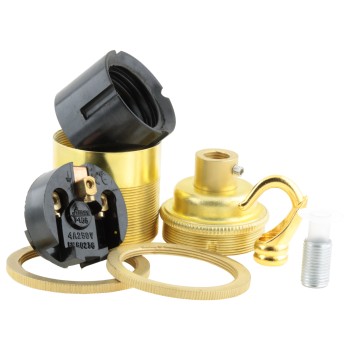 Traditional Edison Screw Lamp Holder (E27) with Shade Rings and Metal Deco Styled Hook in Raw Brass