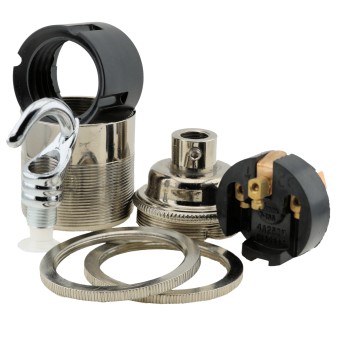 Traditional Edison Screw Lamp Holder (E27) with Shade Rings and Metal Deco Styled Hook in Chrome Finish