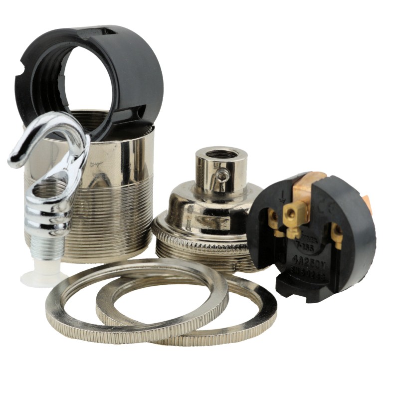 Traditional Edison Screw Lamp Holder (E27) with Shade Rings and Metal Deco Styled Hook in Chrome Finish Traditional Edison Screw Lamp Holder (E27) with Shade Rings and Metal Deco Styled Hook in Chrome Finish