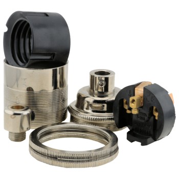 Traditional Edison Screw Bulb Holder (E27) with 2 Shade Rings and Integrated Cord Grip in Chrome Effect Finish