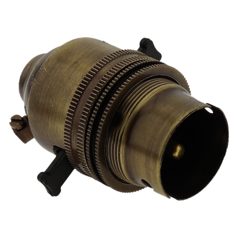 Switched Lampholder B22 Antique Brass with Shade Ring 10mm Threaded Entry