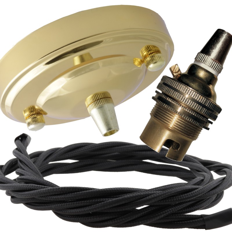 Large Brass Ceiling Pendant Kit and B22 Lampholder with Black Flex Large Brass Ceiling Pendant Kit and B22 Lampholder with Black Flex