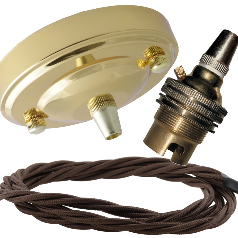 Large Brass Ceiling Pendant Kit and B22 Lampholder with Brown Flex Large Brass Ceiling Pendant Kit and B22 Lampholder with Brown Flex