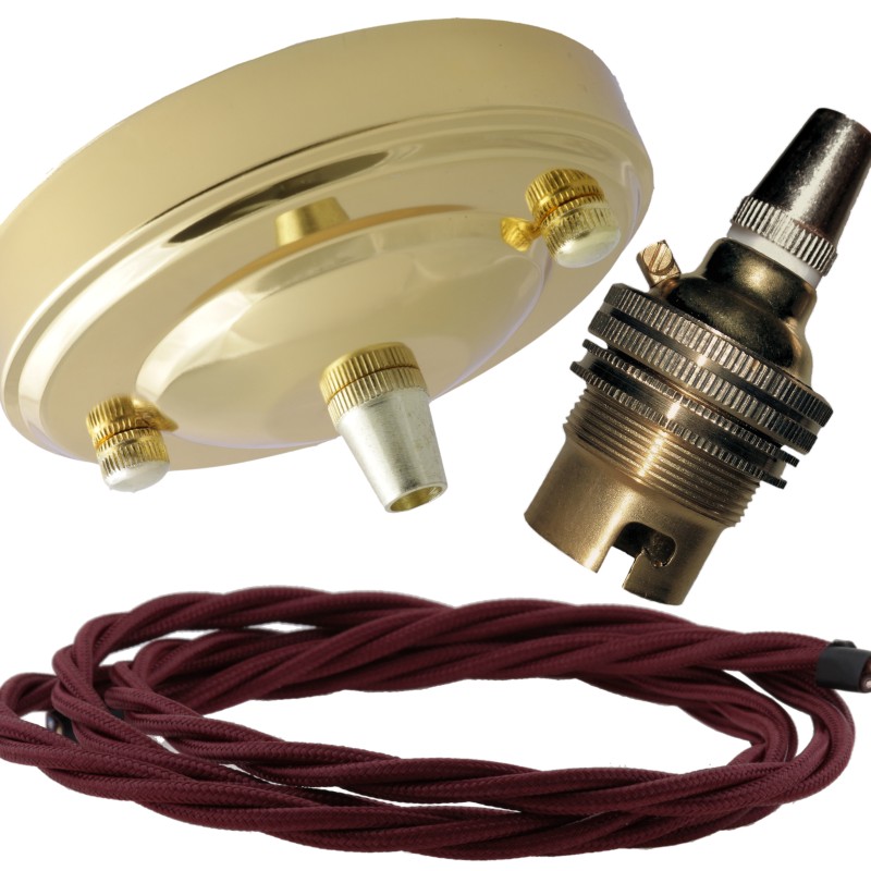 Large Brass Ceiling Pendant Kit and B22 Lampholder with Rich Burgundy Flex Large Brass Ceiling Pendant Kit and B22 Lampholder with Rich Burgundy Flex