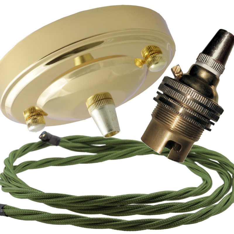 Large Brass Ceiling Pendant Kit and B22 Lampholder with Green Flex Large Brass Ceiling Pendant Kit and B22 Lampholder with Green Flex
