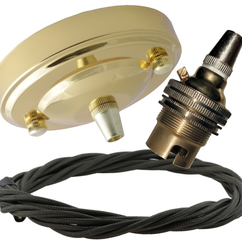 Large Brass Ceiling Pendant Kit and B22 Lampholder with Khaki Green Flex Large Brass Ceiling Pendant Kit and B22 Lampholder with Khaki Green Flex