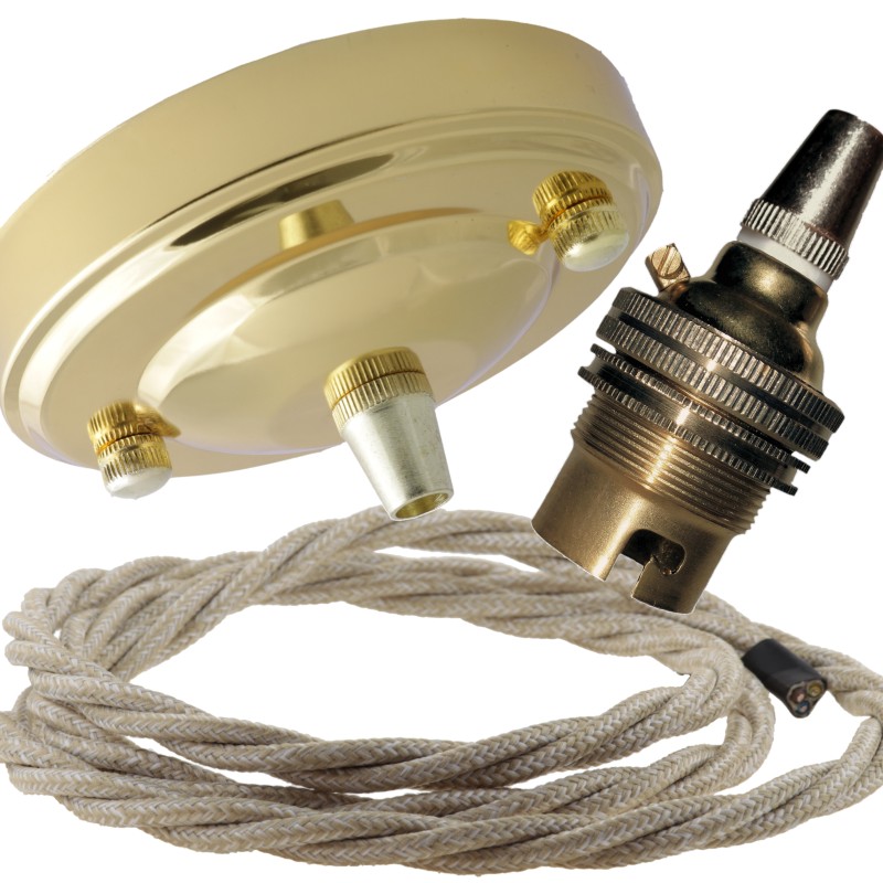 Large Brass Ceiling Pendant Kit and B22 Lampholder with Linen Flex Large Brass Ceiling Pendant Kit and B22 Lampholder with Linen Flex