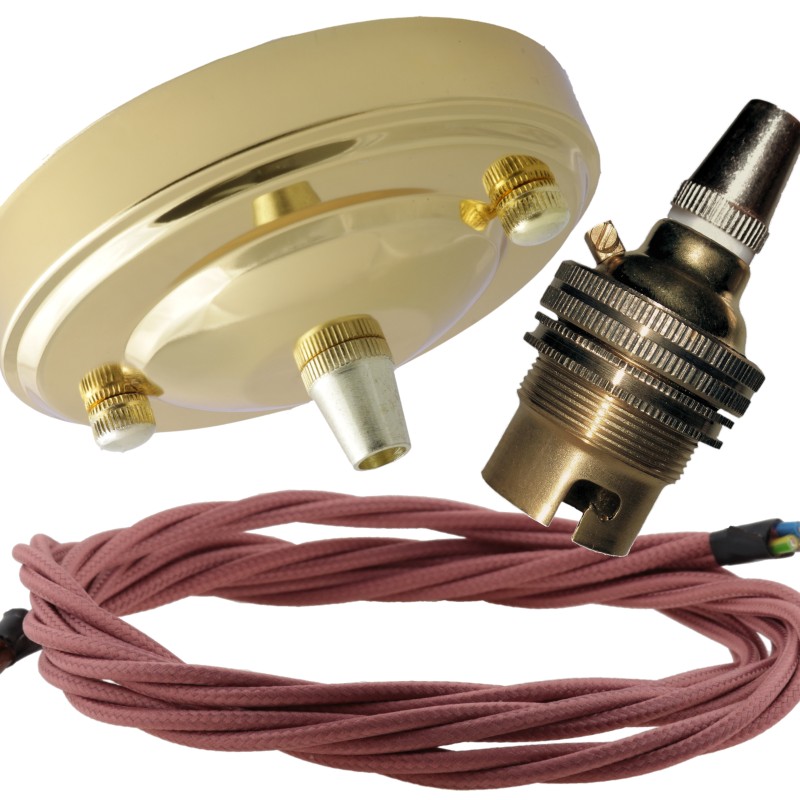 Large Brass Ceiling Pendant Kit and B22 Lampholder with Dusky Pink Flex Large Brass Ceiling Pendant Kit and B22 Lampholder with Dusky Pink Flex