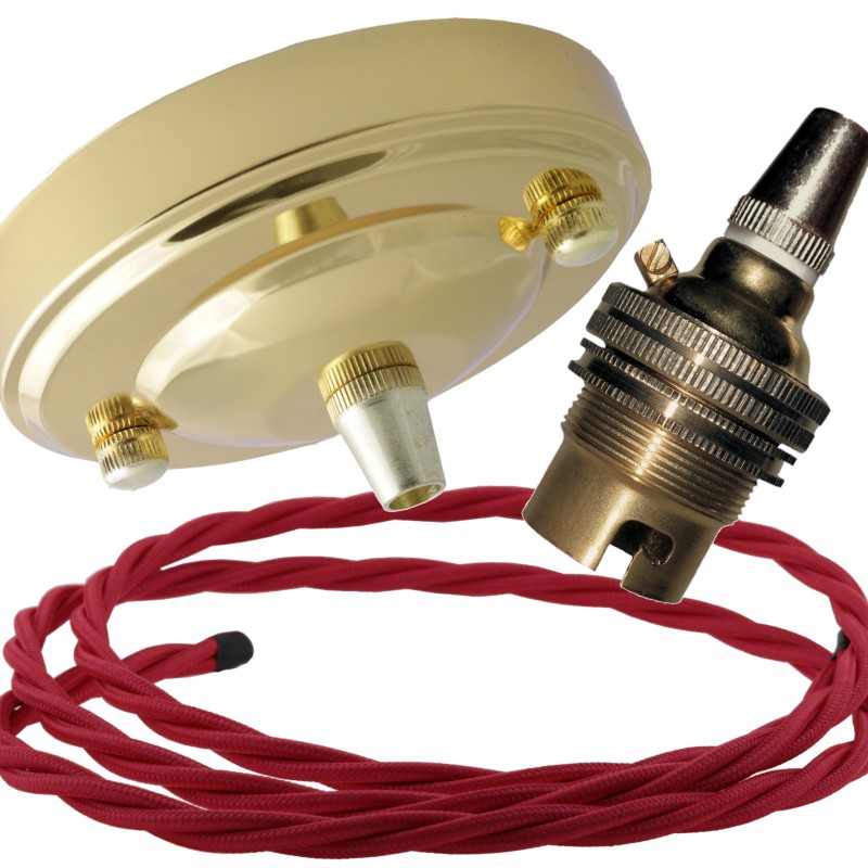 Large Brass Ceiling Pendant Kit and B22 Lampholder with Bright Red Flex Large Brass Ceiling Pendant Kit and B22 Lampholder with Bright Red Flex