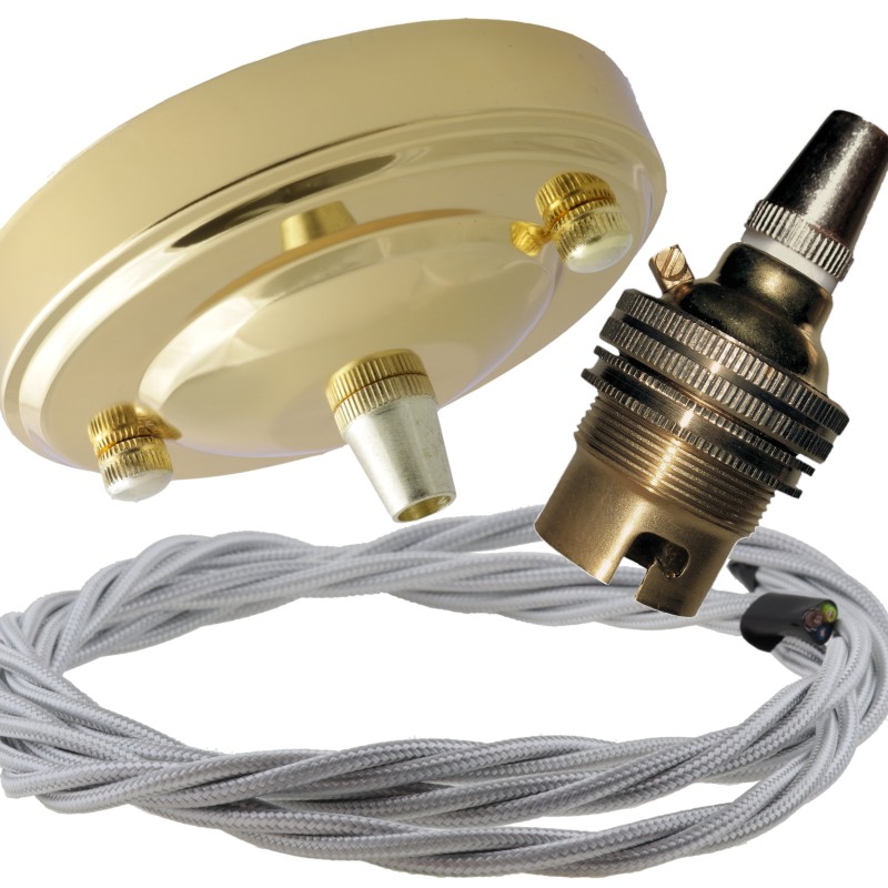 Large Brass Ceiling Pendant Kit and B22 Lampholder with Silver Flex Large Brass Ceiling Pendant Kit and B22 Lampholder with Silver Flex