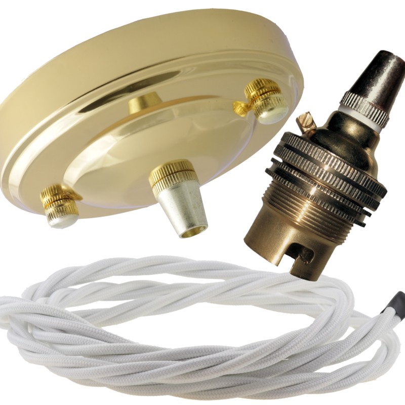 Large Brass Ceiling Pendant Kit and B22 Lampholder with White Flex Large Brass Ceiling Pendant Kit and B22 Lampholder with White Flex