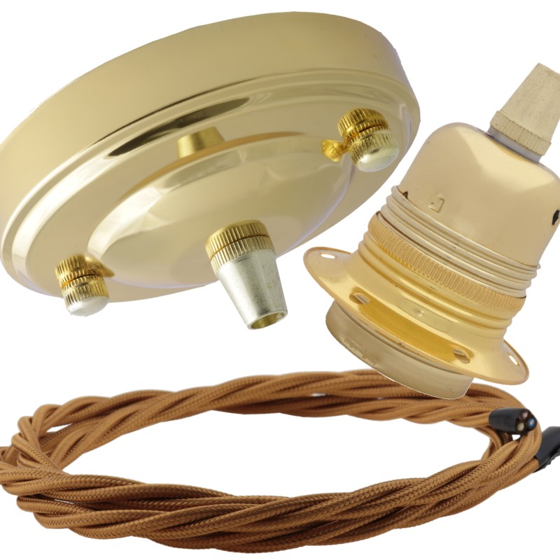 Large Brass Ceiling Pendant Kit and E27 Lampholder with Antique Gold Flex Large Brass Ceiling Pendant Kit and E27 Lampholder with Antique Gold Flex