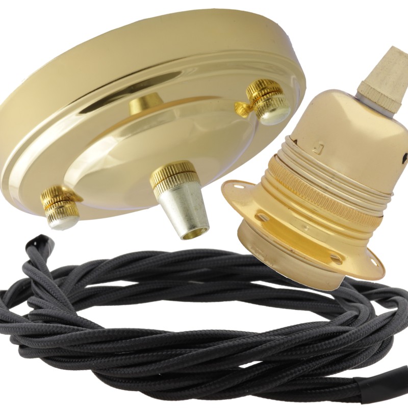 Large Brass Ceiling Pendant Kit and E27 Lampholder with Black Flex Large Brass Ceiling Pendant Kit and E27 Lampholder with Black Flex