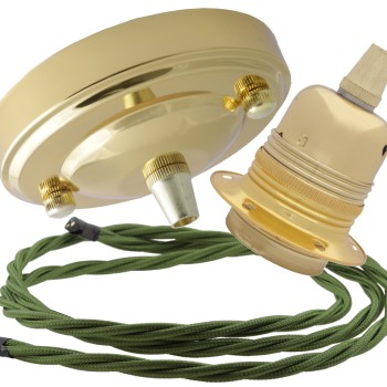 Large Brass Ceiling Pendant Kit and E27 Lampholder with Green Flex