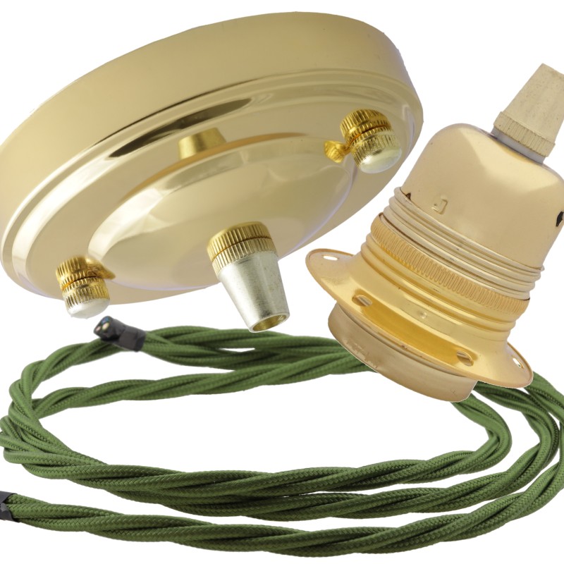Large Brass Ceiling Pendant Kit and E27 Lampholder with Green Flex Large Brass Ceiling Pendant Kit and E27 Lampholder with Green Flex