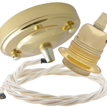 Large Brass Ceiling Pendant Kit and E27 Lampholder with Classic Ivory Flex