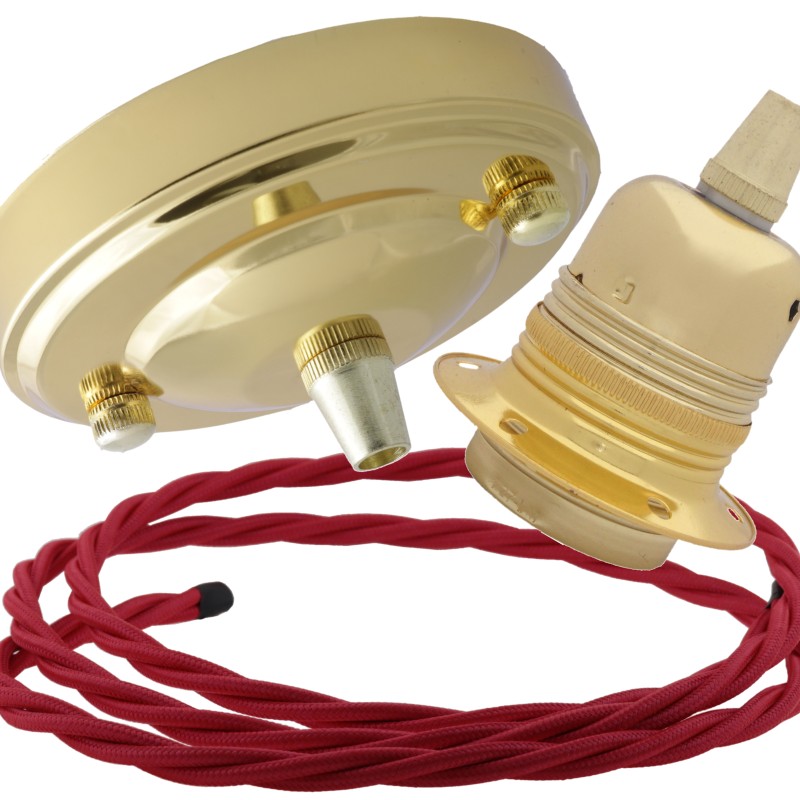 Large Brass Ceiling Pendant Kit and E27 Lampholder with Bright Red Flex Large Brass Ceiling Pendant Kit and E27 Lampholder with Bright Red Flex