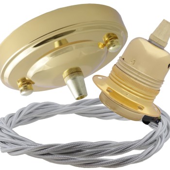 Large Brass Ceiling Pendant Kit and E27 Lampholder with Silver Flex