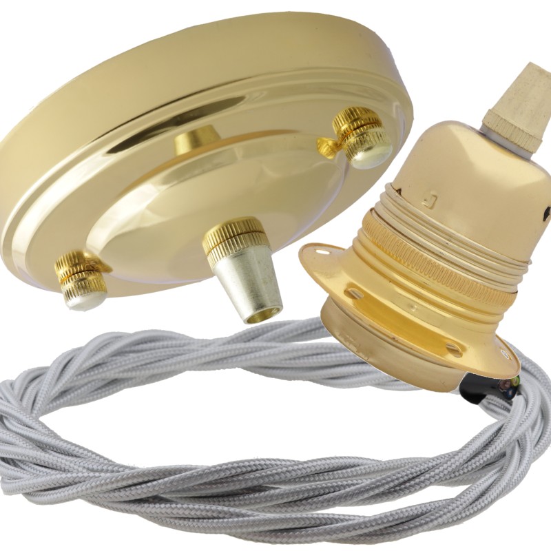 Large Brass Ceiling Pendant Kit and E27 Lampholder with Silver Flex Large Brass Ceiling Pendant Kit and E27 Lampholder with Silver Flex