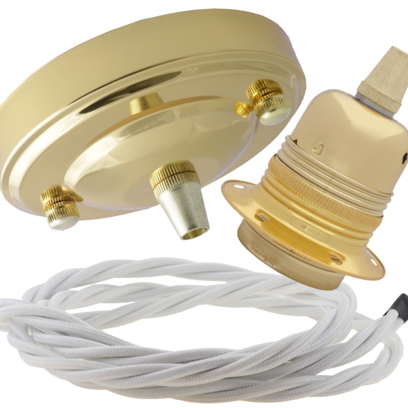 Large Brass Ceiling Pendant Kit and E27 Lampholder with White Flex Large Brass Ceiling Pendant Kit and E27 Lampholder with White Flex