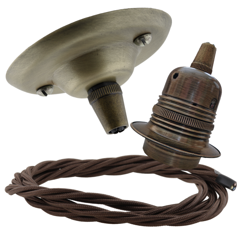 Antique Brass Ceiling Pendant Kit and E27 Lampholder with Brown Flex