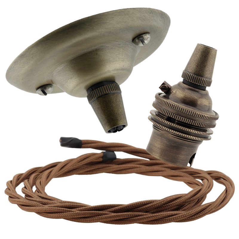 Antique Brass Ceiling Pendant Kit and B22 Lampholder with Bronze Flex