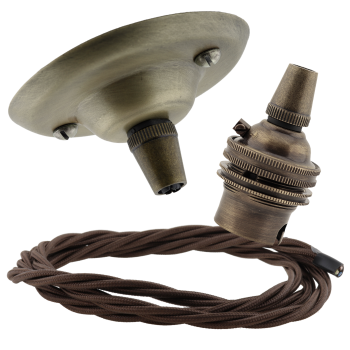 Antique Brass Ceiling Pendant Kit and B22 Lampholder with Mocha Brown Flex