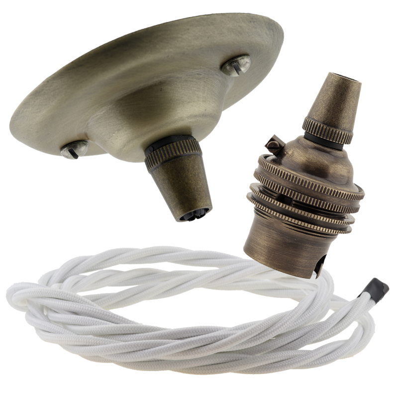 Antique Brass Ceiling Pendant Kit and B22 Lampholder with White Flex