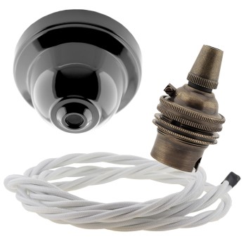Black Bakelite Ceiling Pendant Kit with B22 Antique Brass Lampholder and White Flex