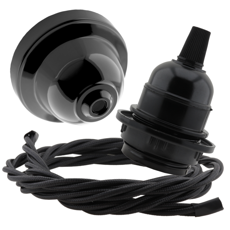 Black Bakelite Ceiling Pendant Kit and E27 Bulb Holder with Black Flex