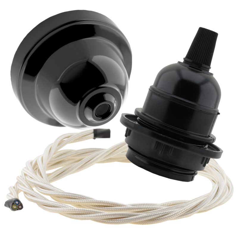 Black Bakelite Ceiling Pendant Kit and E27 Bulb Holder with Classic Ivory Flex