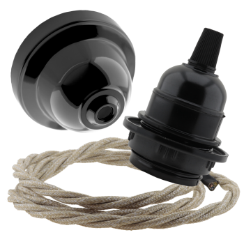 Black Bakelite Ceiling Pendant Kit and E27 Bulb Holder with Linen Flex