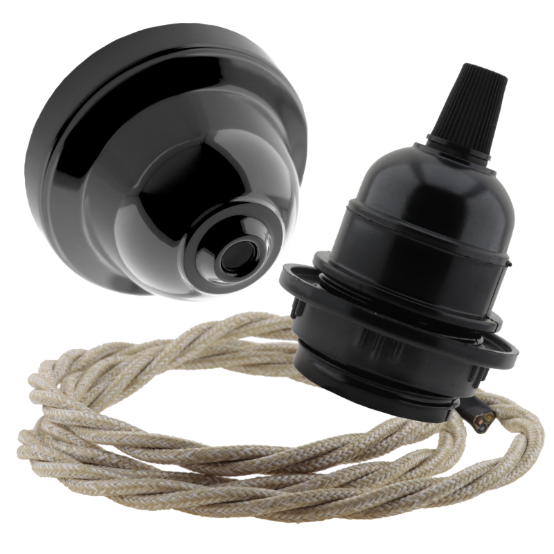 Black Bakelite Ceiling Pendant Kit and E27 Bulb Holder with Linen Flex