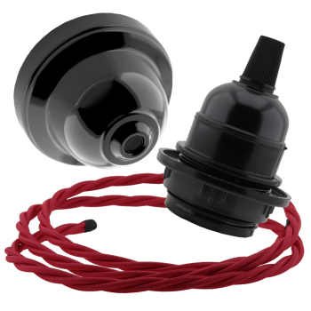 Black Bakelite Ceiling Pendant Kit and E27 Bulb Holder with Bright Red Flex