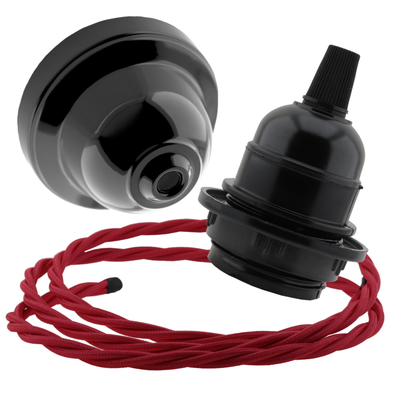 Black Bakelite Ceiling Pendant Kit and E27 Bulb Holder with Bright Red Flex