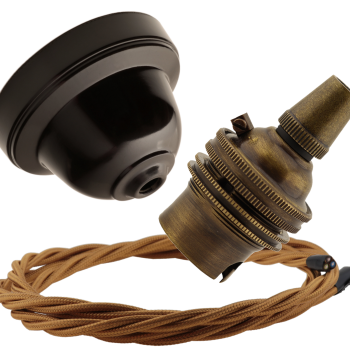 Brown Bakelite Ceiling Pendant Kit with B22 Antique Brass Lampholder and Antique Gold Flex
