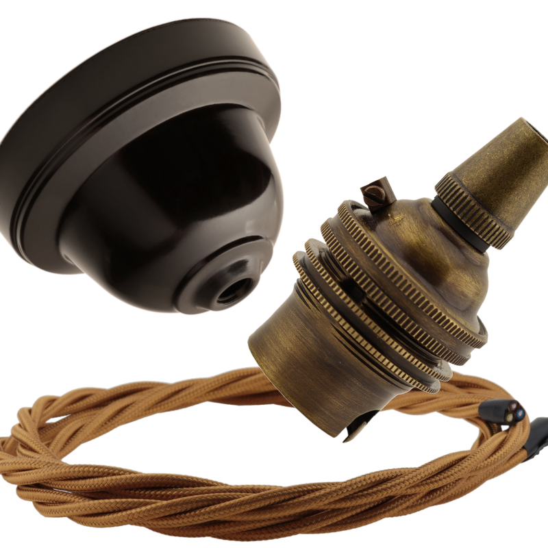 Brown Bakelite Ceiling Pendant Kit with B22 Antique Brass Lampholder and Antique Gold Flex Brown Bakelite Ceiling Pendant Kit with B22 Antique Brass Lampholder and Antique Gold Flex