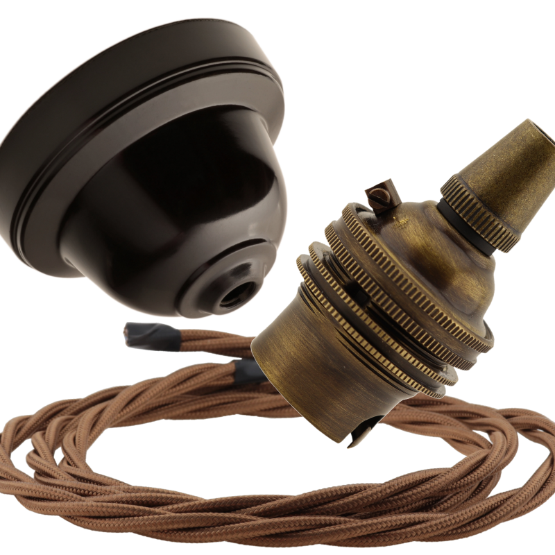 Brown Bakelite Ceiling Pendant Kit with B22 Antique Brass Lampholder and Bronze Flex Brown Bakelite Ceiling Pendant Kit with B22 Antique Brass Lampholder and Bronze Flex