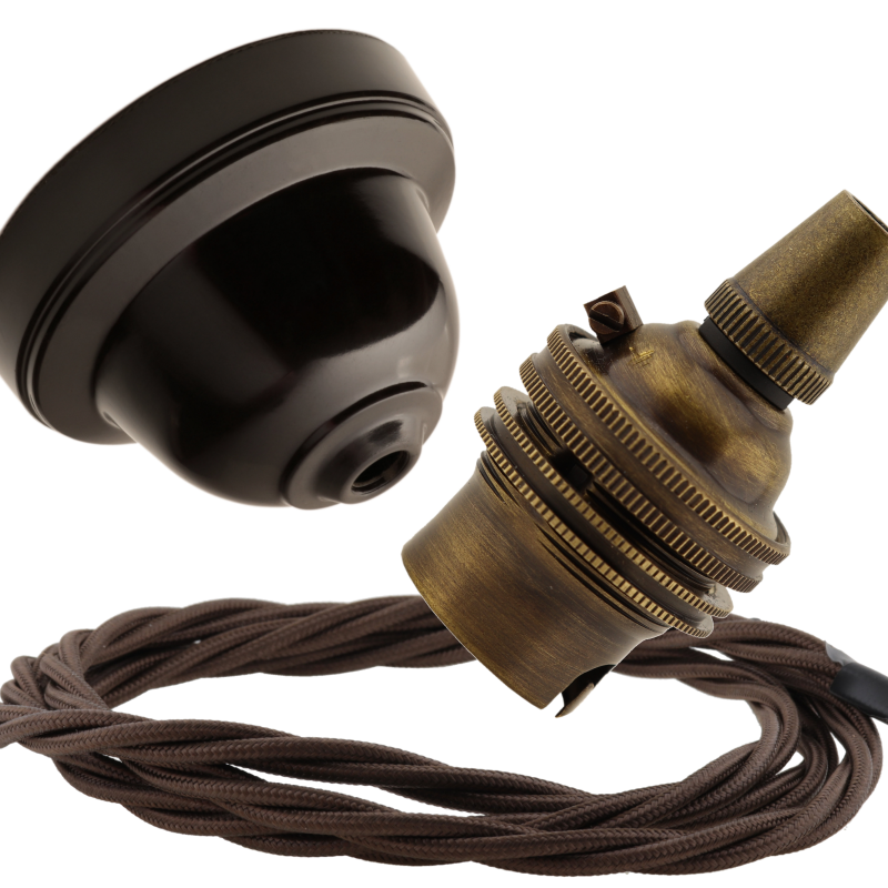 Brown Bakelite Ceiling Pendant Kit with B22 Antique Brass Lampholder and Mocha Brown Flex Brown Bakelite Ceiling Pendant Kit with B22 Antique Brass Lampholder and Mocha Brown Flex