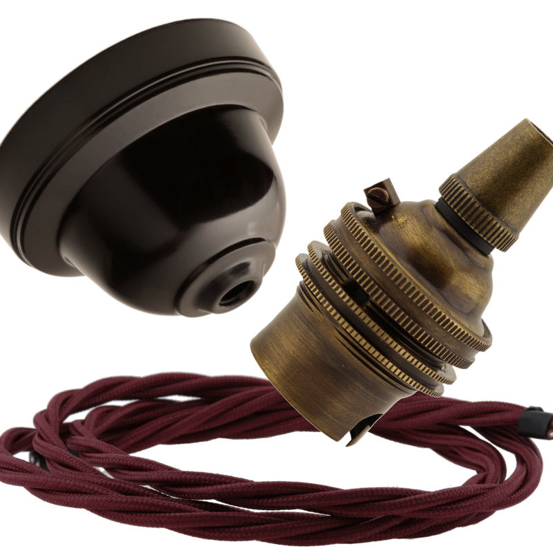 Brown Bakelite Ceiling Pendant Kit with B22 Antique Brass Lampholder and Rich Burgundy Flex Brown Bakelite Ceiling Pendant Kit with B22 Antique Brass Lampholder and Rich Burgundy Flex