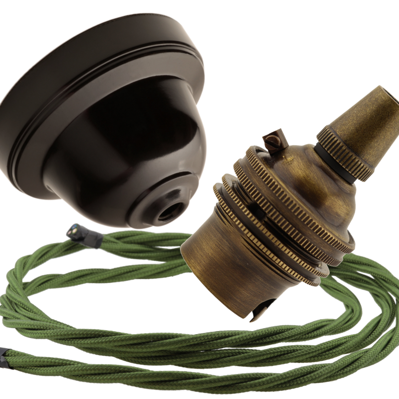 Brown Bakelite Ceiling Pendant Kit with B22 Antique Brass Lampholder and Green Flex Brown Bakelite Ceiling Pendant Kit with B22 Antique Brass Lampholder and Green Flex
