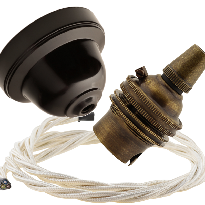 Brown Bakelite Ceiling Pendant Kit with B22 Antique Brass Lampholder and Classic Ivory Flex Brown Bakelite Ceiling Pendant Kit with B22 Antique Brass Lampholder and Classic Ivory Flex