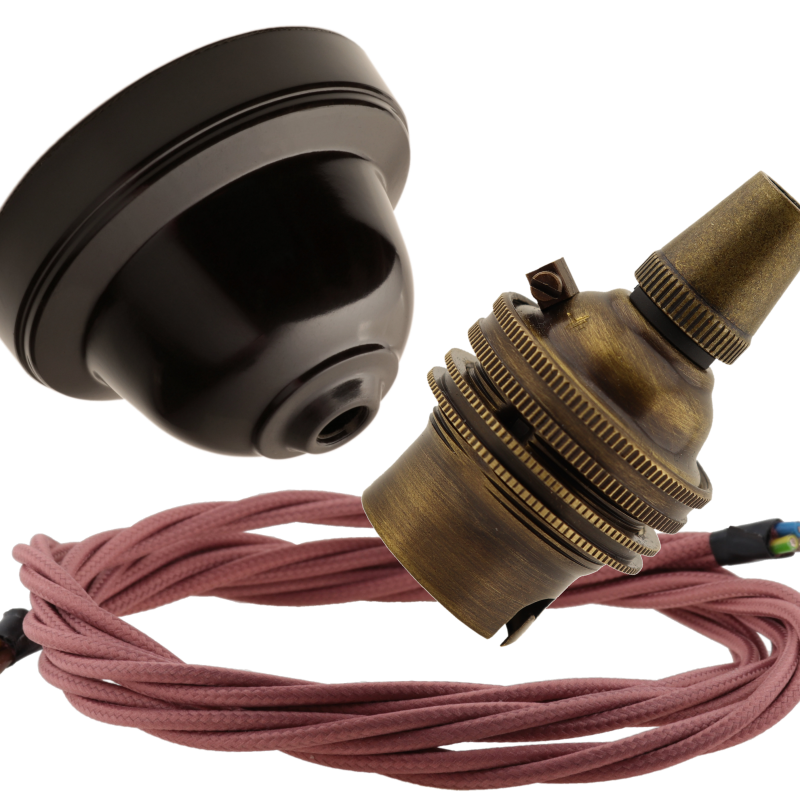 Brown Bakelite Ceiling Pendant Kit with B22 Antique Brass Lampholder and Dusky Pink Flex Brown Bakelite Ceiling Pendant Kit with B22 Antique Brass Lampholder and Dusky Pink Flex