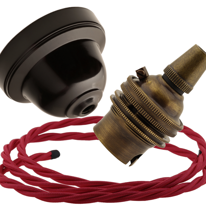 Brown Bakelite Ceiling Pendant Kit with B22 Antique Brass Lampholder and Bright Red Flex Brown Bakelite Ceiling Pendant Kit with B22 Antique Brass Lampholder and Bright Red Flex