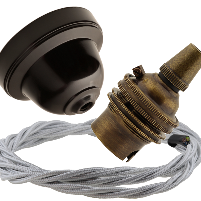 Brown Bakelite Ceiling Pendant Kit with B22 Antique Brass Lampholder and Silver Flex Brown Bakelite Ceiling Pendant Kit with B22 Antique Brass Lampholder and Silver Flex