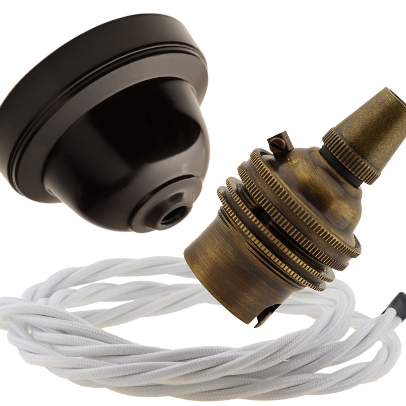 Brown Bakelite Ceiling Pendant Kit with B22 Antique Brass Lampholder and White Flex Brown Bakelite Ceiling Pendant Kit with B22 Antique Brass Lampholder and White Flex