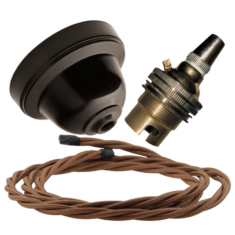Brown Bakelite Ceiling Pendant Kit with B22 Brass Lampholder and Bronze Flex Brown Bakelite Ceiling Pendant Kit with B22 Brass Lampholder and Bronze Flex