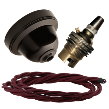 Brown Bakelite Ceiling Pendant Kit with B22 Brass Lampholder and Rich Burgundy Flex